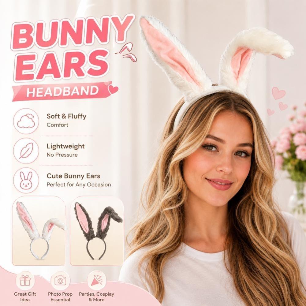 Bunny Ears Headband, Soft-Touch Easter Headband for Themed Party Birthday Costume, Cute and Quirky Cosplay Headwear