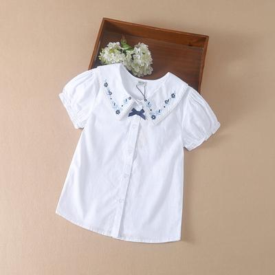 Girls Blouse Shirts Summer Short Sleeve Cotton Lovely Lace Causal White Tops Childrens High Quality Clothes