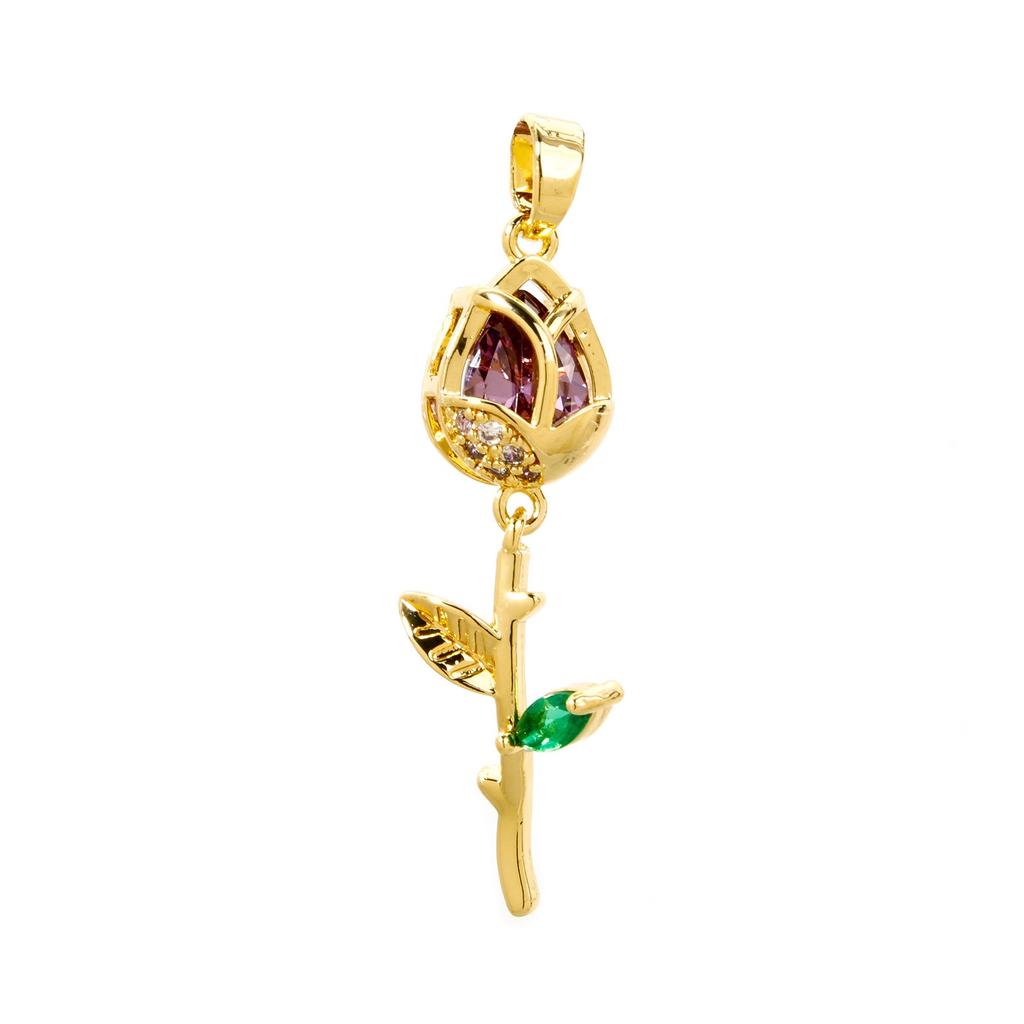2 PCs Rose Brass 8K Gold Plated Tulip Flower Micro Pave Clear Cubic Zirconia Pendants Exquisite Jewelry Findings 3.8cm x 1.2cm
