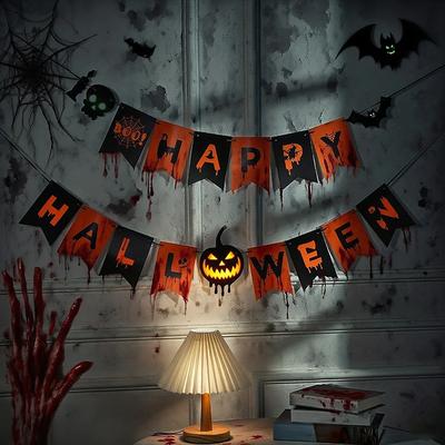 1/2pcs-Halloween Flag Hanging Ornaments-decorated with Ghost Bat Skeletons and Scary Pumpkins, Festive Decorations