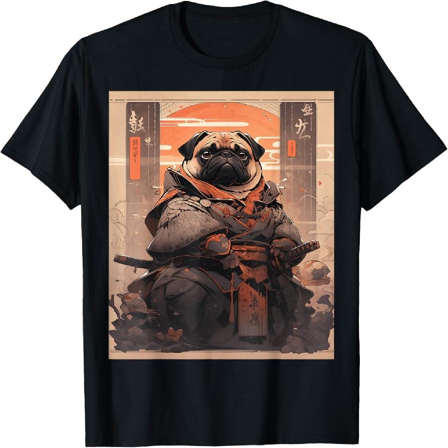 Samurai Pug Dog Katana Japanese Ukiyo-e Gothic Art Graphic T-Shirt XXXXXL