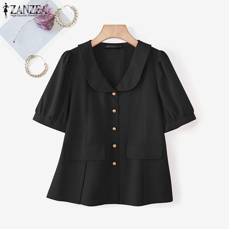 

ZANZEA Women Casual Lapel Neck Short Sleeve Solid Color Office Short Blouse S чорний
