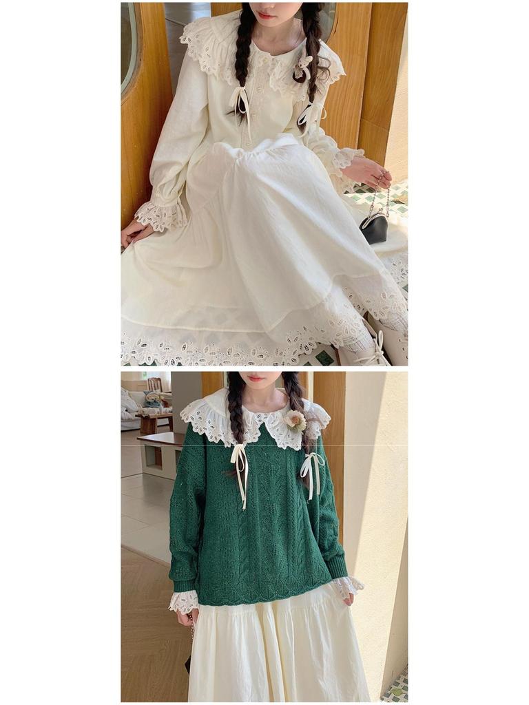 Mori Style Women's Apricot Lace-Trim Long Sleeve Dress