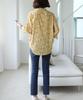 Ppaeppae Flower Slit Neck Shirred 3/4 Sleeve Blouse