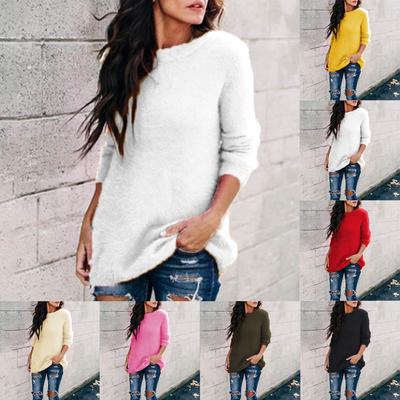Women Ladies  Velvet Solid Color Round Neck Long Sleeve Sweater Blouse