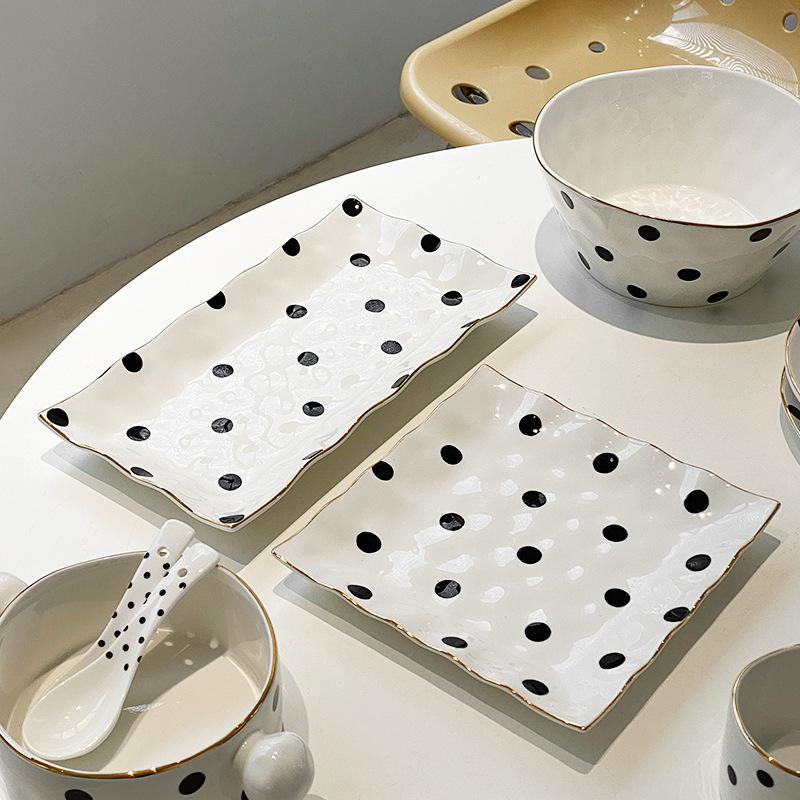 Gold Plated Polka Dot Ceramic Dishes Set Fine Steak Plate Salad Dessert Dishes Dinner Plate Cooking Utensils Kitchen Utensils