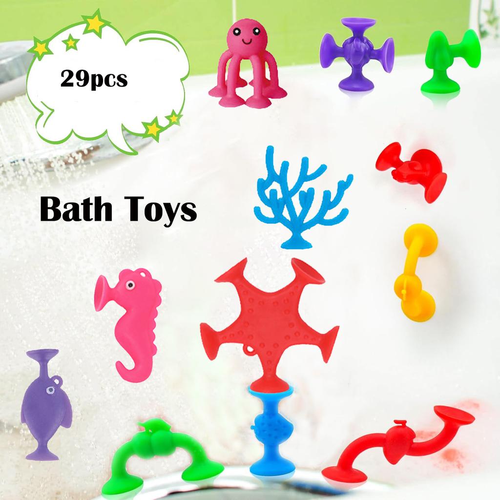 29 Stück Meerestiere & Früchte Saugnapf-Spielzeug, mit Eimer zur Aufbewahrung, Konstruktionsspielzeug für Kinder, Badezeit- und Reisespielzeug