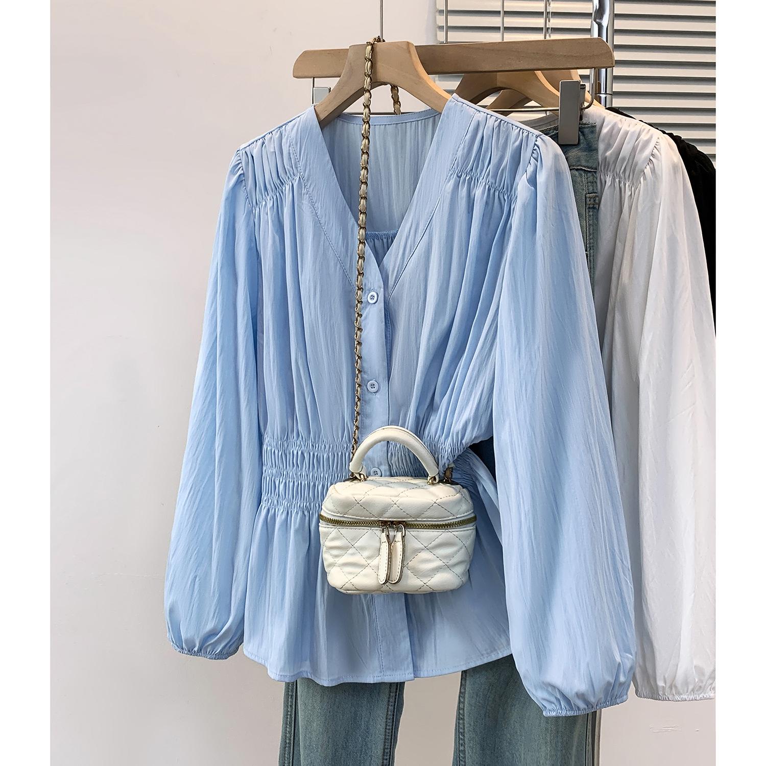 French Blue V-neck Long-sleeve Waist-cinching Plus Size Shirt - 2026 Autumn Collection 3XL чёрный