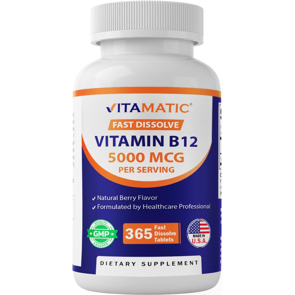 Vitamatic Vitamin B12 5000 mcg - 365 Fast Dissolve Tablets (Berry Flavor) Pills/Capsules Unisex 1 pcs