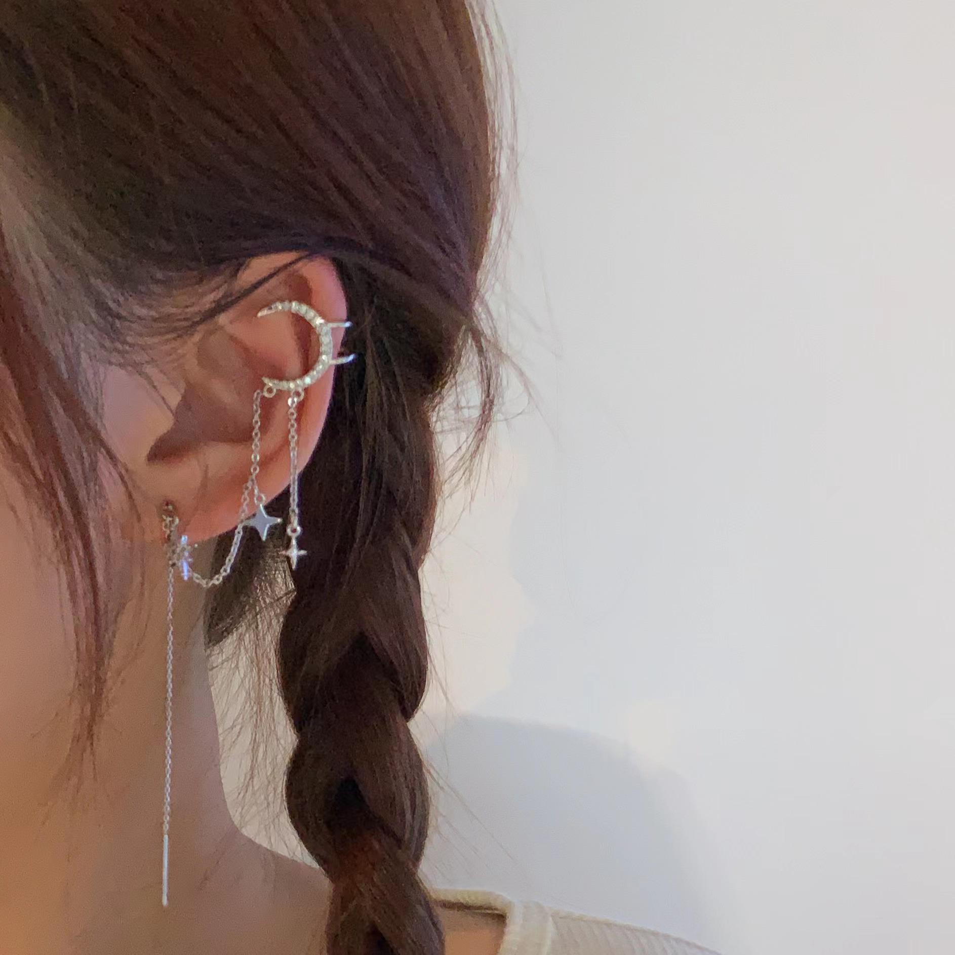 

1pc Star Moon Ear Cuff for Women Bohemian Tassels Chain Silver Color Zircon Fashion Conch Clip Earrings Cartilage Jewelry KDE125