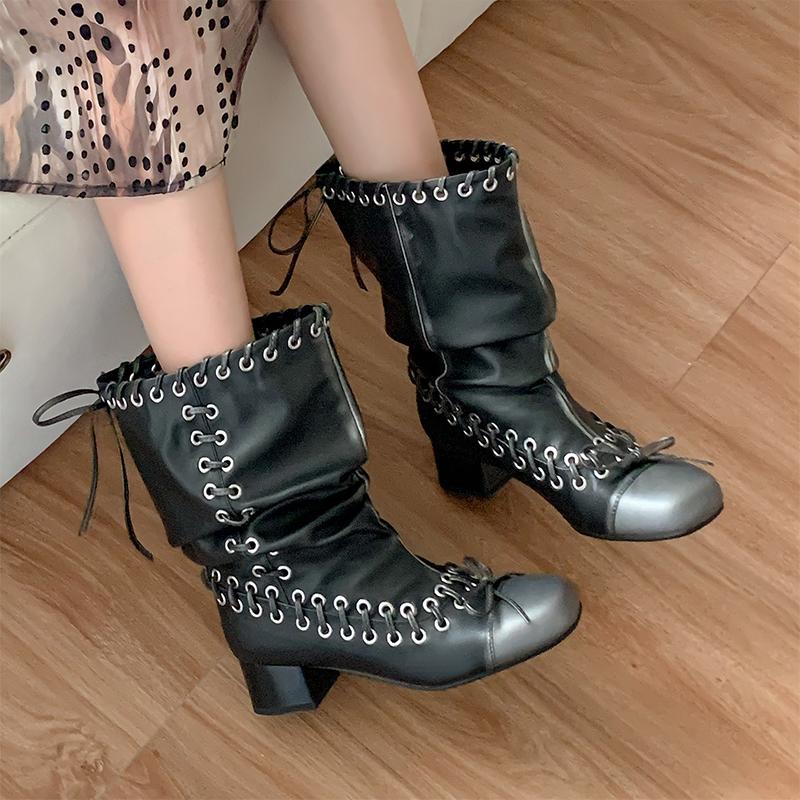 New Punk Women's Boots Trendy Square Toe Lace-up Retro Thick-soled Big Boots Fashion Handsome Motorcycle Texture Short Boots