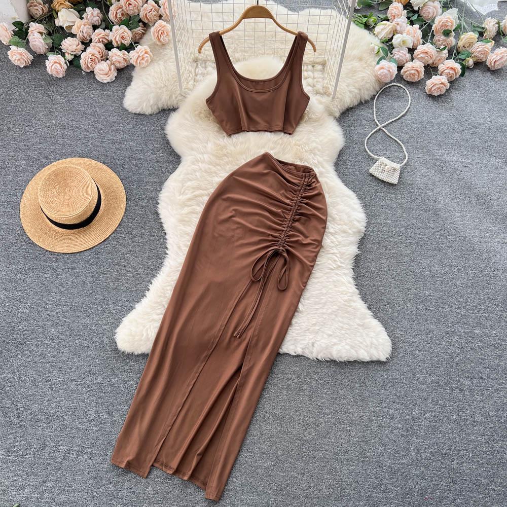 Two-Piece Suit Women's Summer Small Camisole High Waist Drawstring Slit Bag Hip Skirt