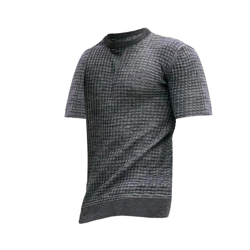 Spring Summer Men's Small Plaid T-shirt Solid Round Neck Short Sleeve Man Top