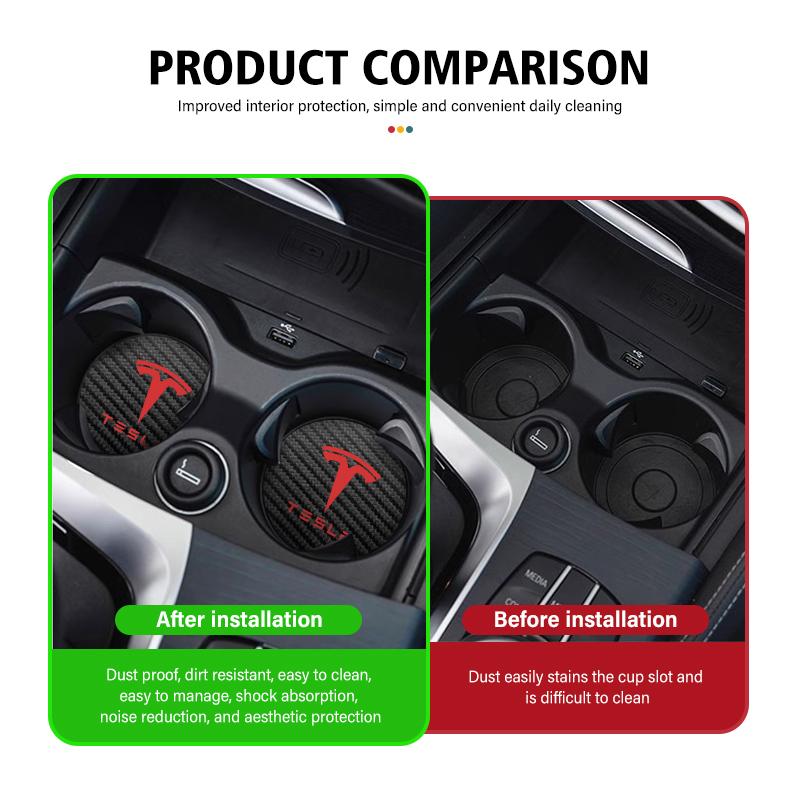 For Tesla 2pcs Car Coaster Water Cup Slot Non-slip Mat Carbon Rubber Pad Model 3 Y S X Roadster