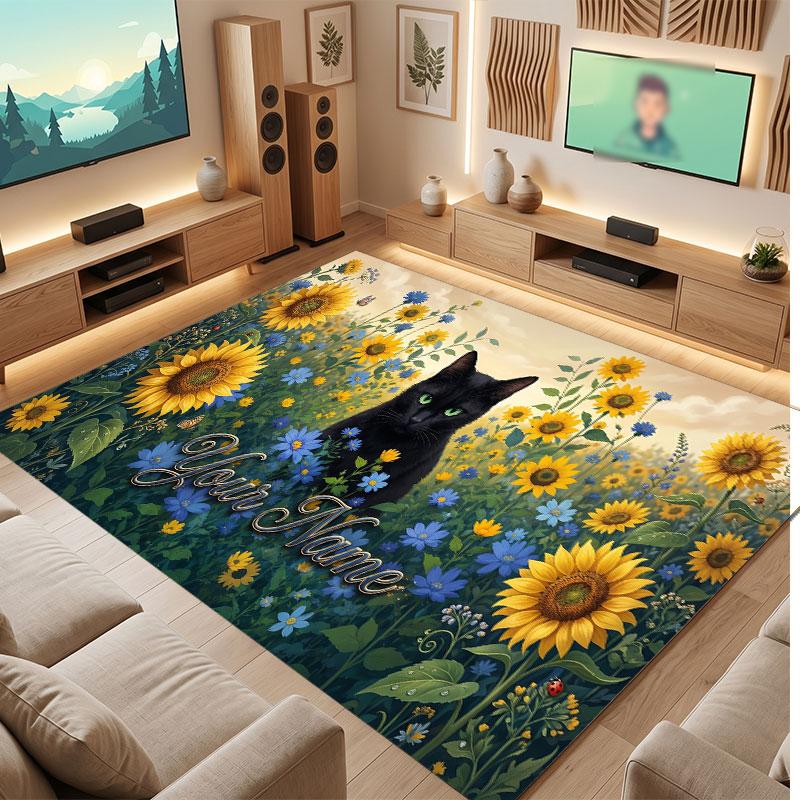 Cat Theme Crystal Velvet Floor Rug Personalized Custom Name Text Warm Carpet Home Decoration