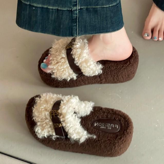 Piaohong retro style thick bottom heightening exquisite belt buckle Mao Mao slippers women's 2025 autumn and winter new one-word cotton slippers