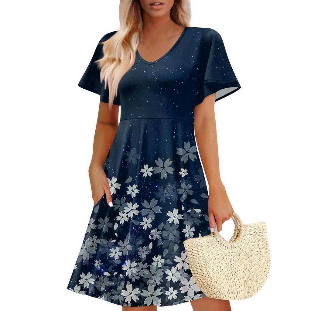 Women Summer Dress Casual Swing Floral Ruffle Short Sleeve Sundresses Beach  A-line  Dress  With Pockets