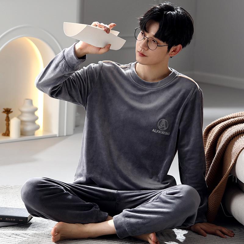 Pajamas Men'S Autumn And Winter Island Fleece Fleece Spring And Autumn Coral Fleece Thin Fleece Homewear Set