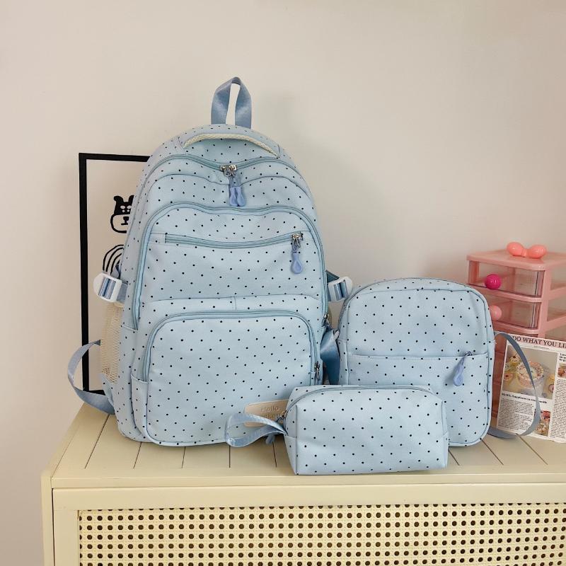 Nylon Polka Dot Girls Backpack Set Multi Compartment Zipper Closure Water Resistant Lightweight Bookbag for School Daily Use