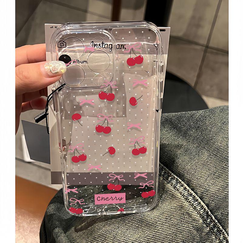 Clear Bow Cherry Soft Case for iPhone 11/12/XS/14/15/16 Pro Max