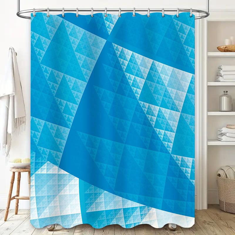Modern Blue Geometric Shower Curtain Set, Waterproof Polyester Fabric for Bathroom Decor Bath Mat, Rods Rings