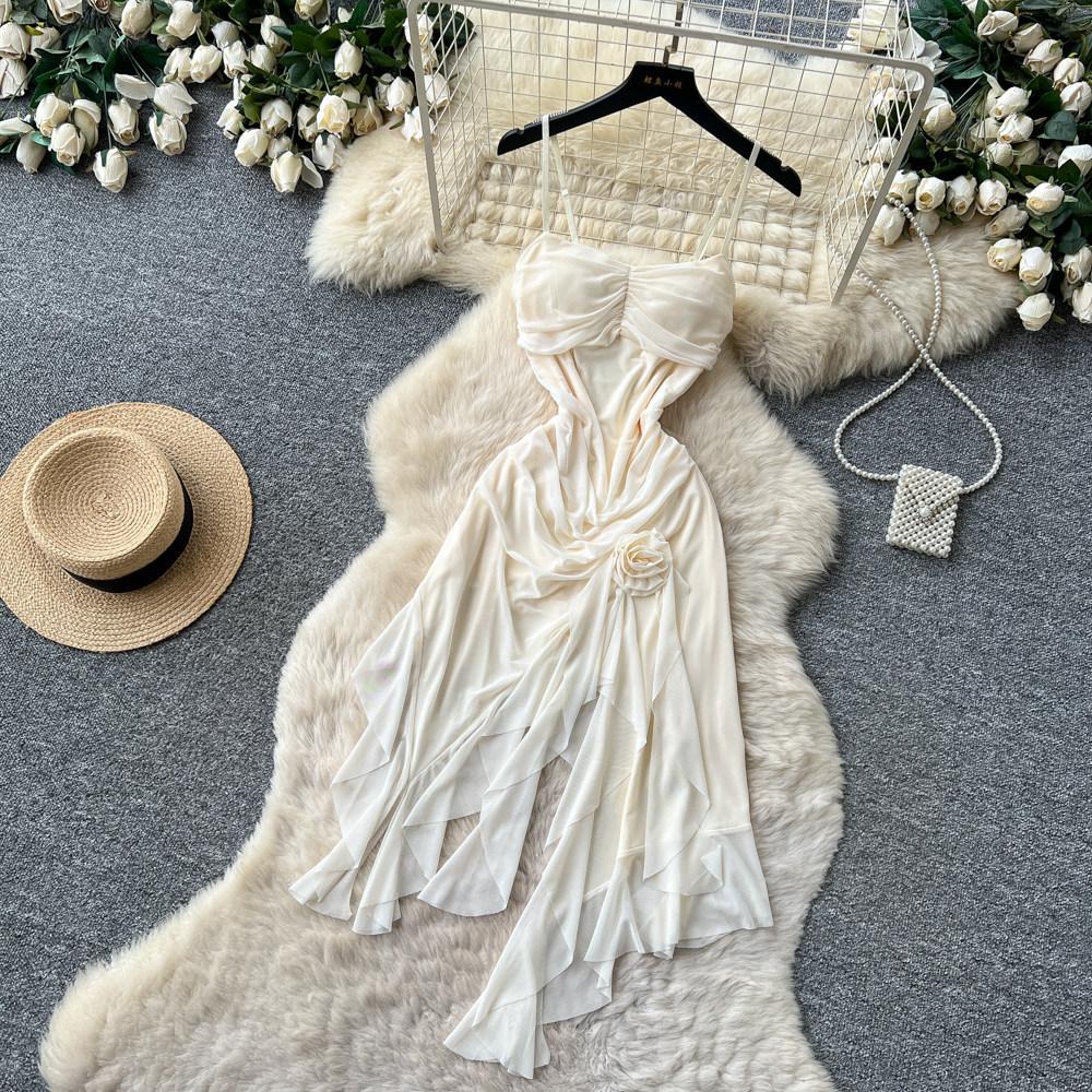 French Purple Suspender Sleeveless Dress Women's Summer Three-dimensional Flower Waist Thin Irregular Holiday Dress