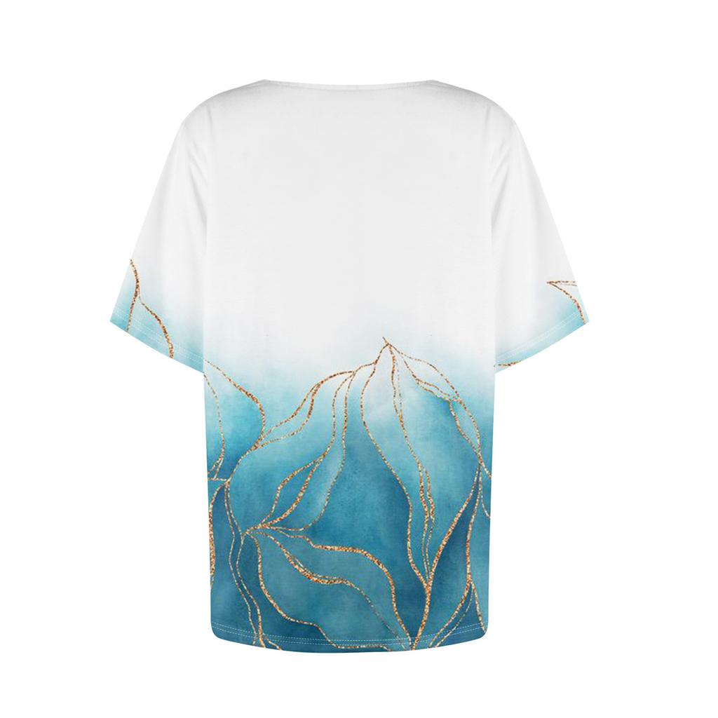Damen T-Shirt mit lässigem Print, asymmetrischem Halsausschnitt, kurzen Ärmeln, dekorativen Knöpfen
