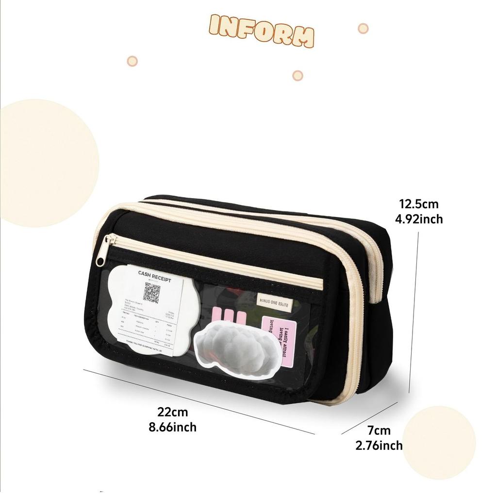 Flip Cover Pencil Bag Pen Case Transparent Front Multi Pocket Oxford Fabric Storage Pouch for Stationery