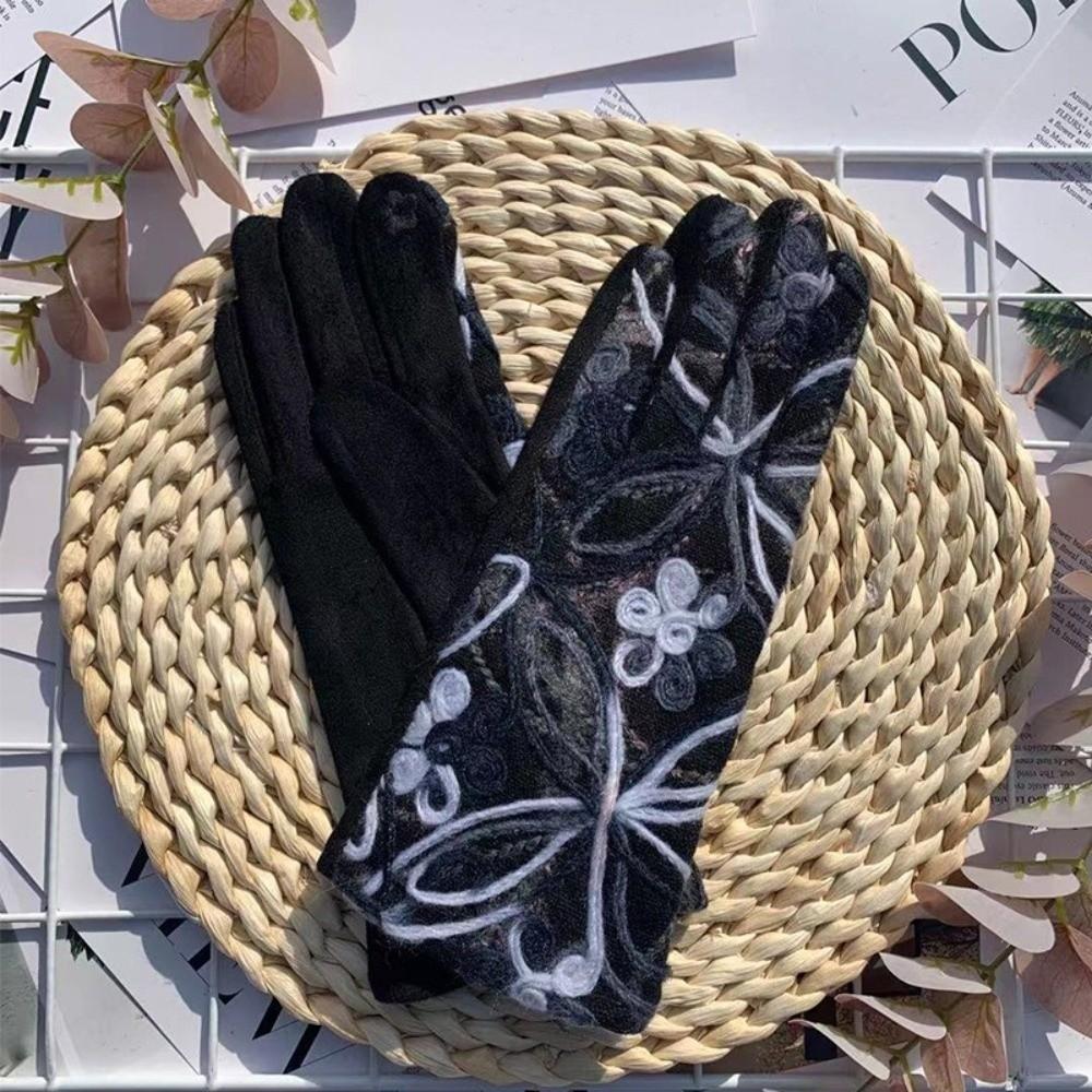 Colorful Pattern Warm Gloves Embroidered Women Mittens Ethnic Style Outdoor Cycling Gloves