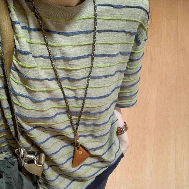 Women's Gray Green Striped T-shirt Female Round Neck Loose Short Sleeved Blouse Summer New Korean Version Versatile Top