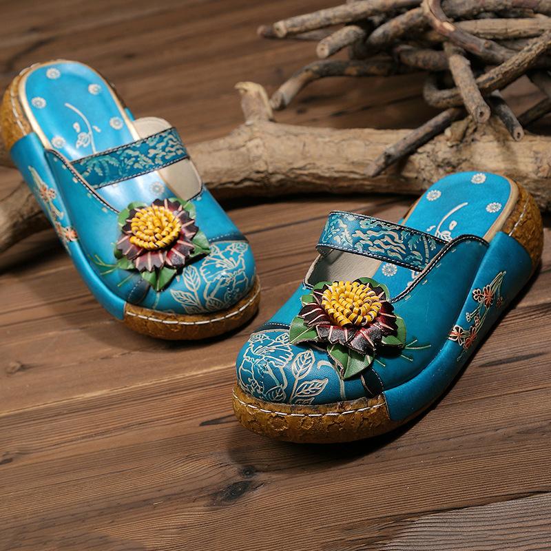 Fashion GKTINOO Flower Slippers Genuine Leather Shoes Handmade Slides Flip Flop On The Platform Clogs For Women Woman Slippers