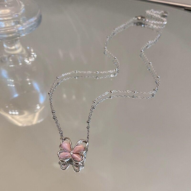 IF ME Simple Butterfly Silver Necklace for Women Chain Pink Crystal Choker Accessories Jewelry