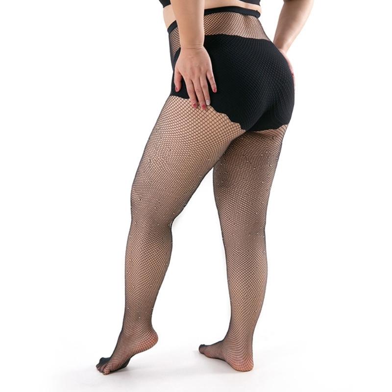 Women's Sparkling Crystal Large Size Fishnet Pantyhose Stretch Nylon Stockings Rhinestones Mesh Tights For Evening Wear