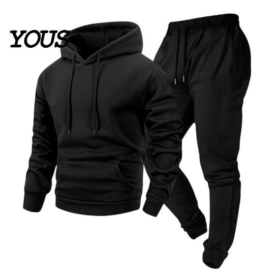 Solid Color Tracksuit Hoodie Pants Two Piece Set for Men, Sports Hooded Sweatshirt Men Active Wear & Drawstring Sweatpants, Fall Winter Casual