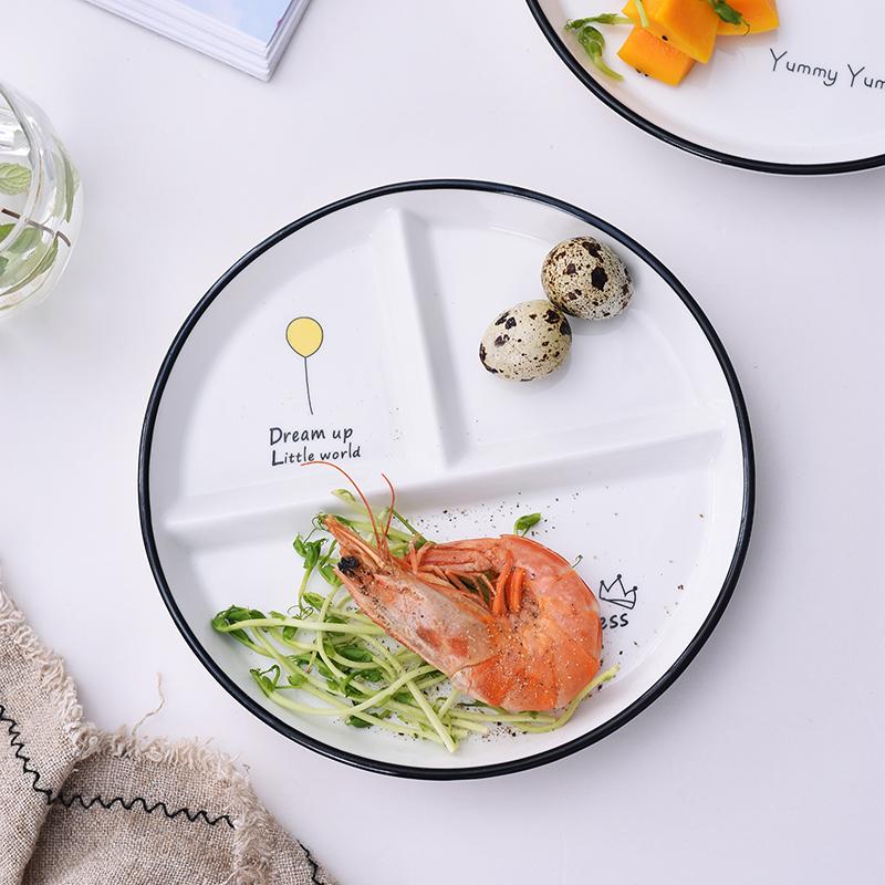 One Person Vegetable Plate Home Ceramic Cartoon Children's Divided Plate Three Panel Breakfast Plate with Separate Dishes