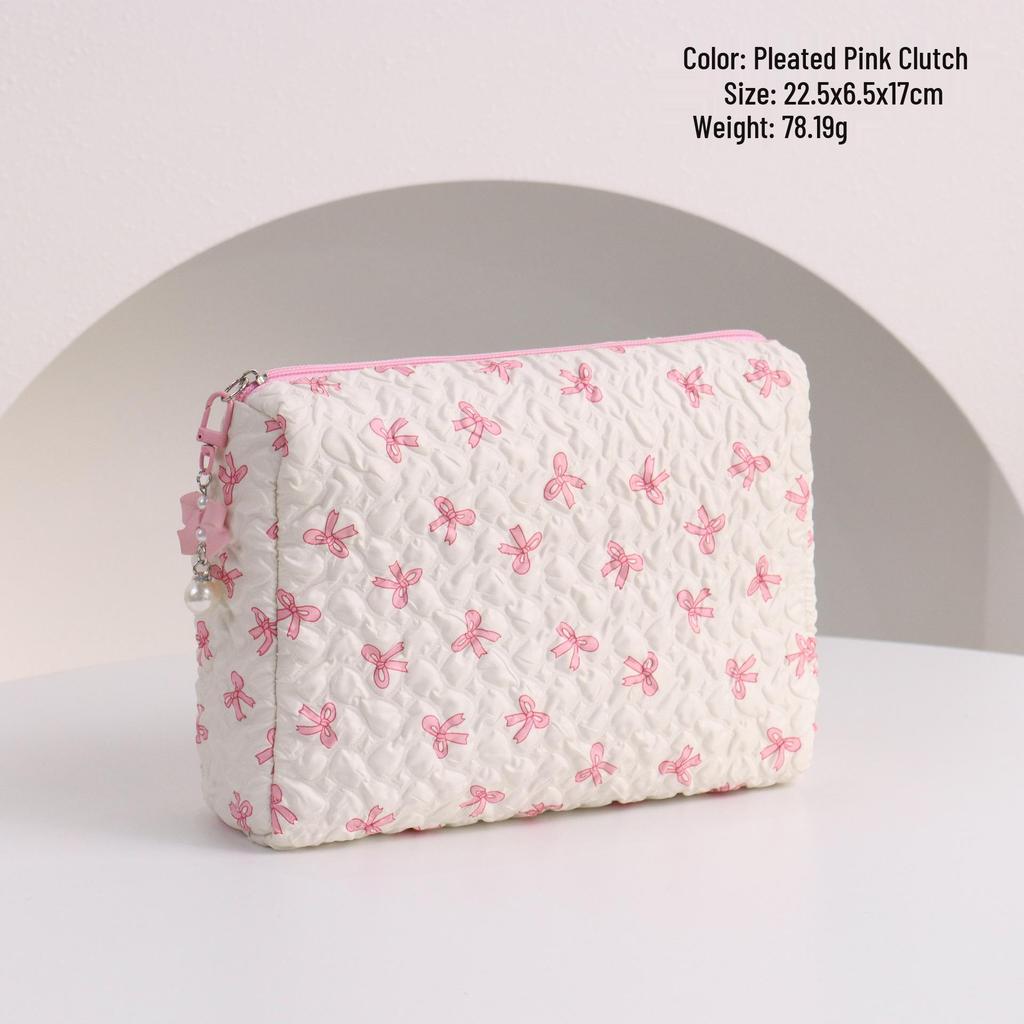 Elegant Pleated Bow Makeup Bag: Chic Design & Convenient Lipstick Clutch for Women