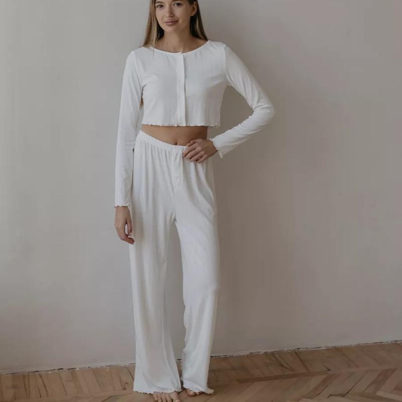 

Весна Осень Женский Однотонный С Длинным Рукавом На Пуговицах Укороченный Топ Эластичная Талия Брюки Костюм Женский Домашний Комплект S белый