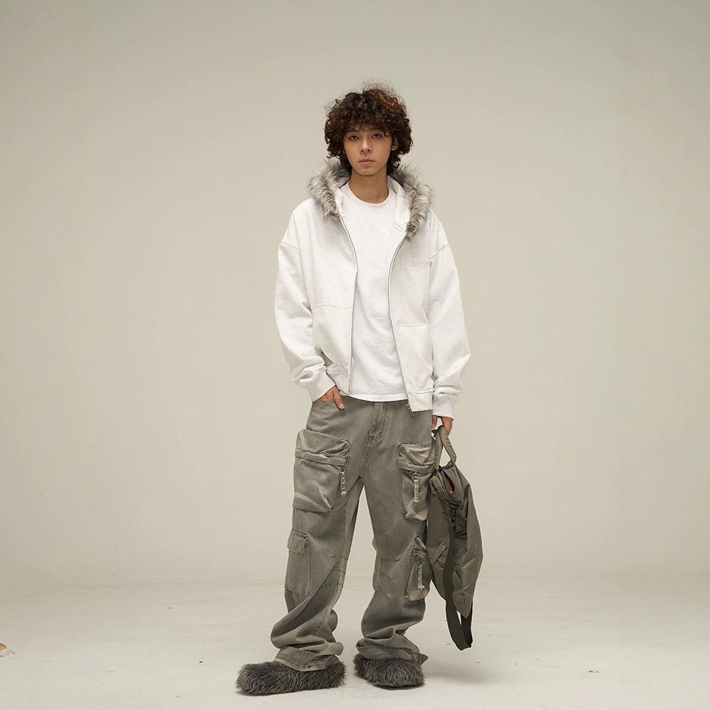 American Retro Oversized Fur Collar Couple Hoodie Cardigan