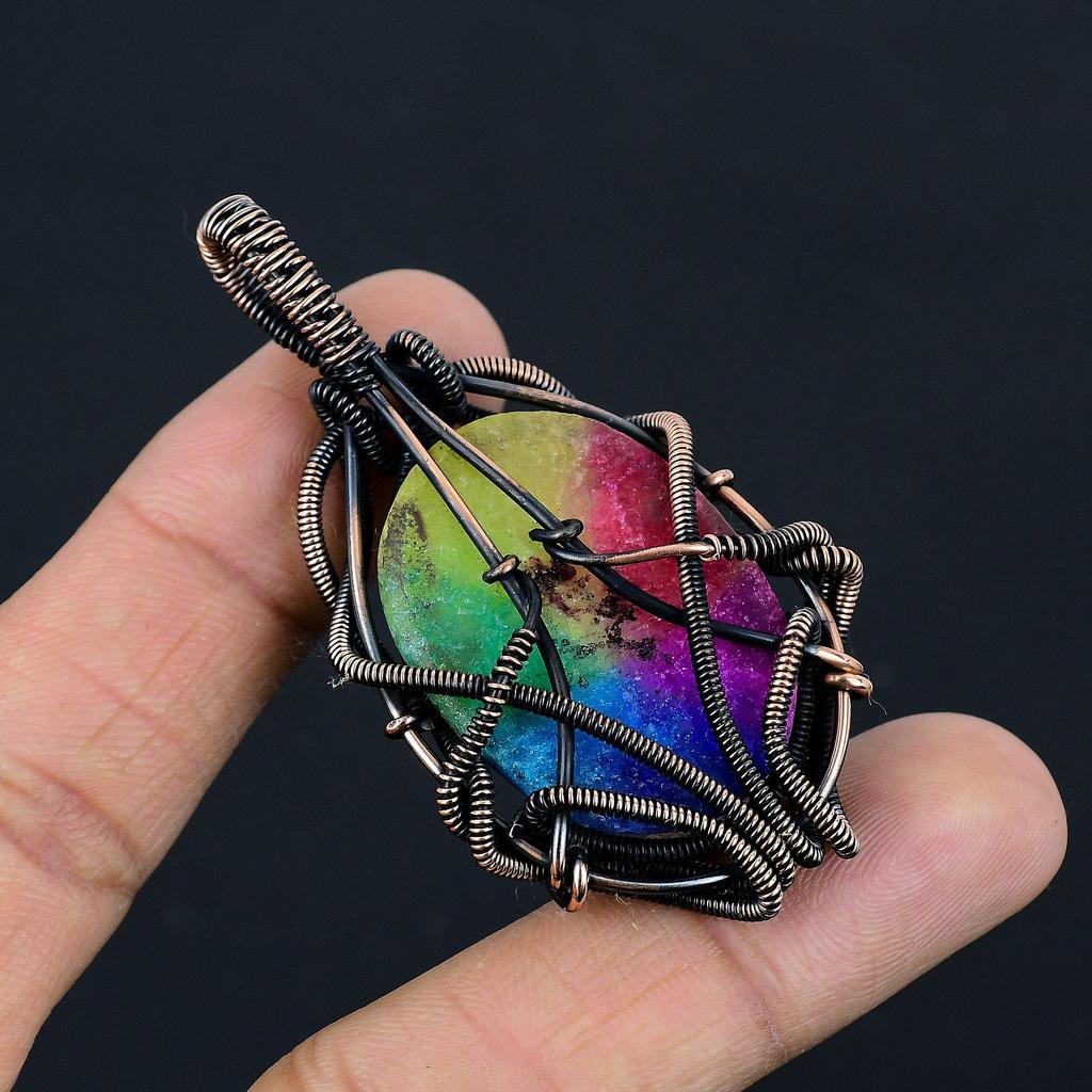 Rainbow Solar Quartz 999 Copper Wire Wrapped Pendant, Handmade Gemstone Pendant Jewelry, Gifts For Wife Brand New Pendant