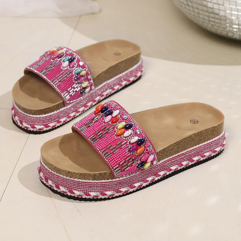 Fashionable Vintage Ethnic Diamond-Face Chunky-Sole Slippers Large Size Outdoor Beach Cork Slippers