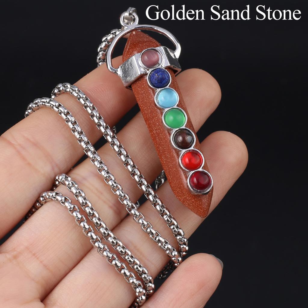 1Pc, Spiritual Healing Crystal Pendant Necklace, Geometric Double-pointed Hexagonal Pyramid Inlaid Seven Chakra Gems Charms Necklaces for Women Men