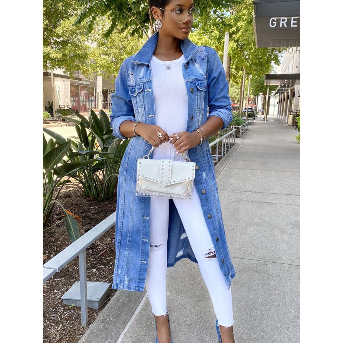 

Женская джинсовая куртка, модная весенняя женская ветровка, куртка с длинными рукавами, кардиган, джинсовый плащ, большие размеры XS синий