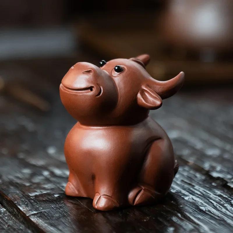 Yixing Purple Clay Tea Pet Cute Cattle Statue Decors Handmade Tea Figurine Sculpture Ornaments Chinese Tea Set Accessories