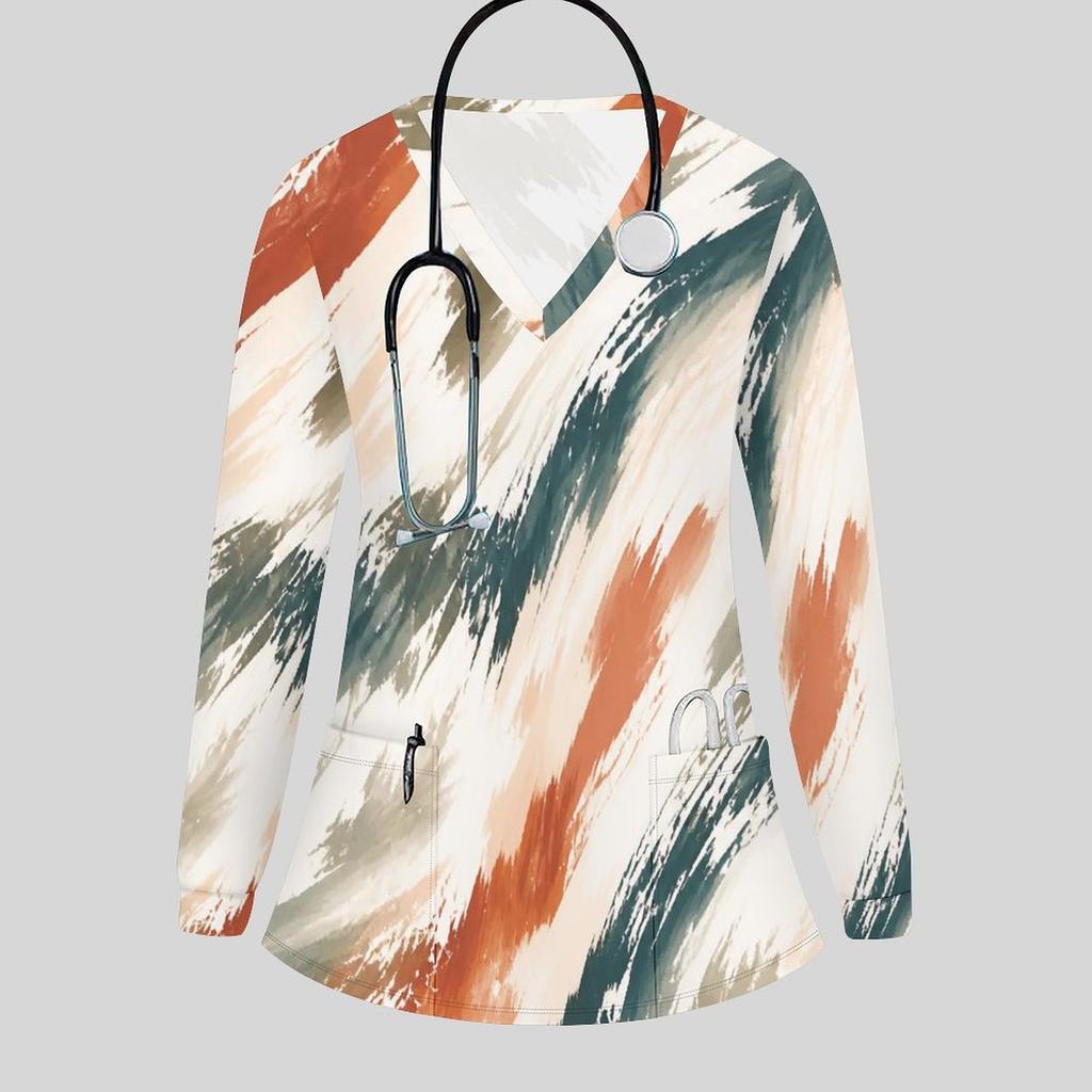 Women Plus Size Blue Marble Printed Nurse Scrub Top V Neck Long Sleeve With Pockets