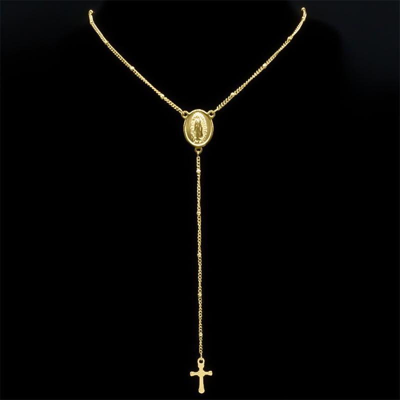 Virgin Mary Guadalupe Jesus Cross Necklace for Women Men Stainless Steel Gold Color Christian Rosary Long Chain Jewelry