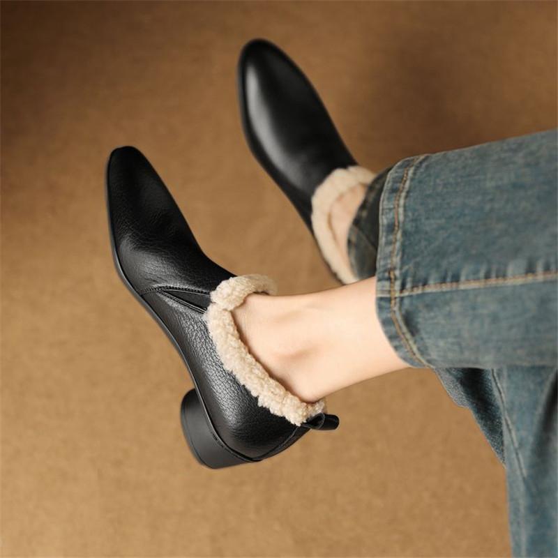 Mode Neue Herbst Winter Echtes Leder Damen Pumps Schuhe für Damen Mode Runde Zehen Warme Fellschuhe Zaptos Mujer Woll-Slipper Damen