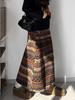 Retro Fair Isle Fleece Women's Mid-Length Lantern Skirt - Ethnic Style, Drawstring Hem, Two-Way Wear for Autumn/Winter