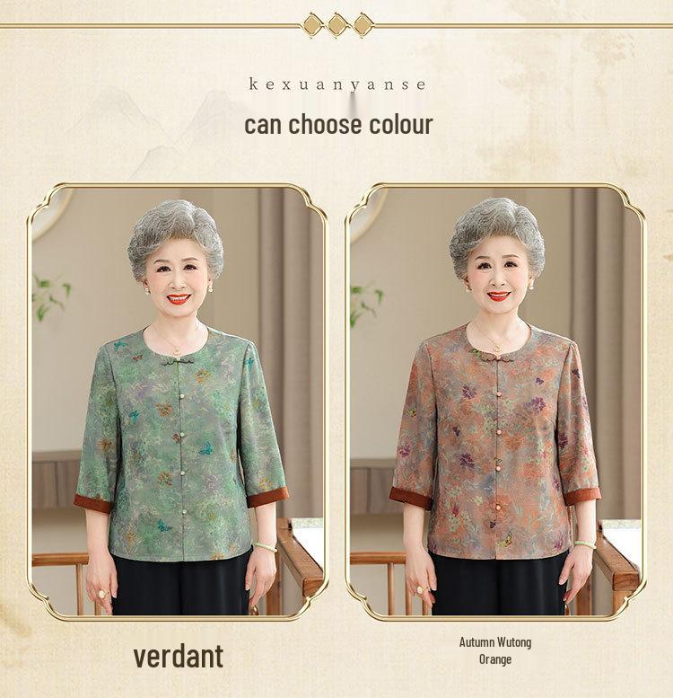 Silk Short-Sleeve Tang Shirt for Elderly Women