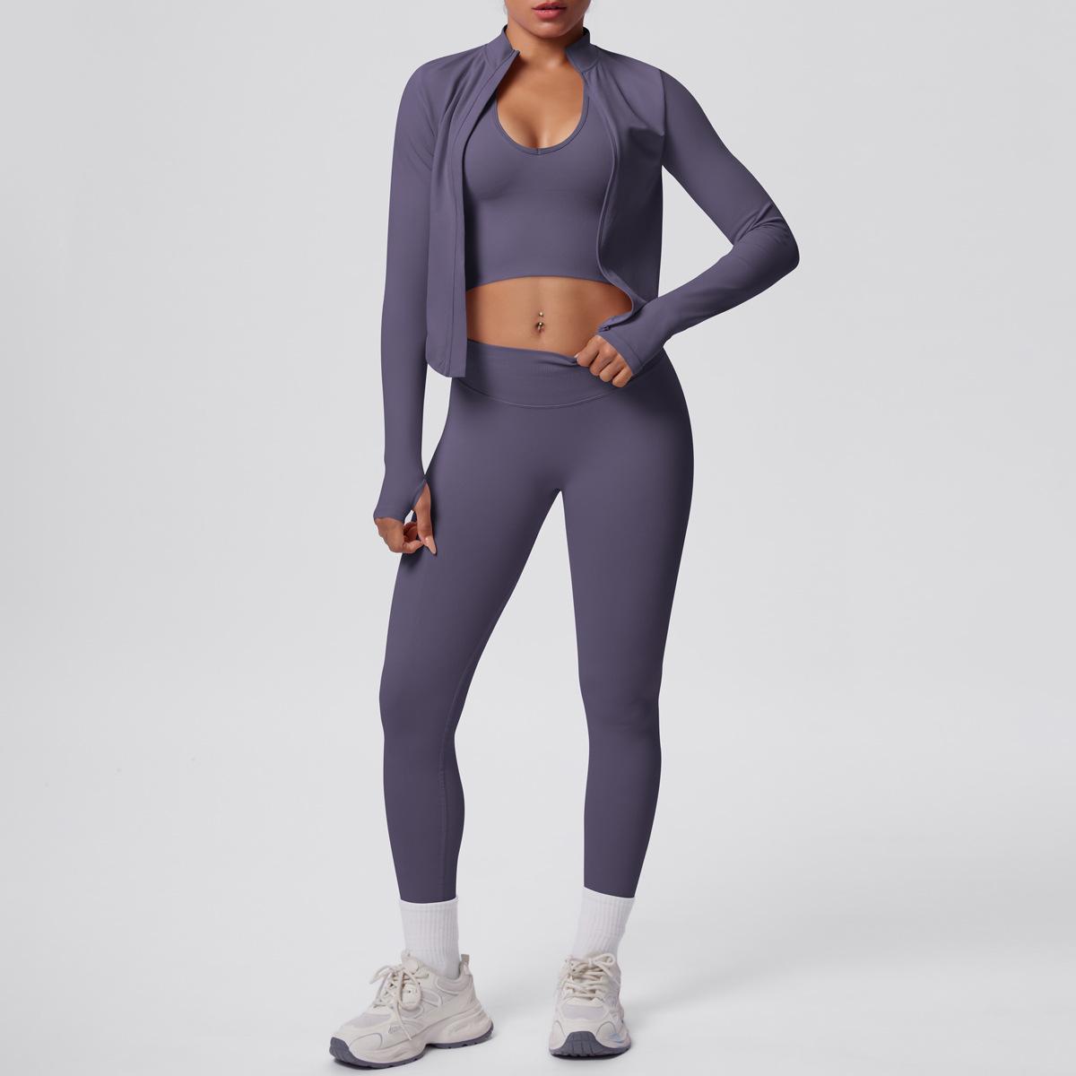 

Peach High-Waisted Yoga Set: Shockproof Halter Bra, Skin-Friendly Zipper Jacket, High Elasticity Long Pants. M