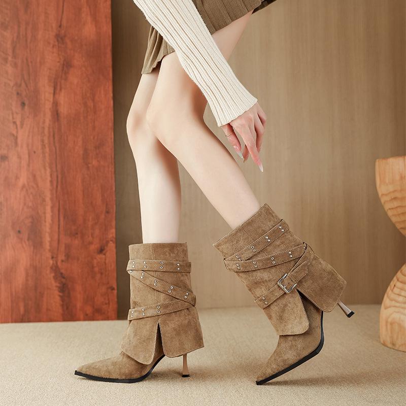 F733-6 European and American style belt buckle wide tube 2025 autumn and winter new pointed thin heel short heel thin high heel short boots women